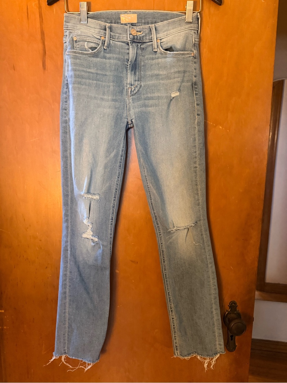 MOTHER Light Blue Straight Leg Distressed Jeans CINDY